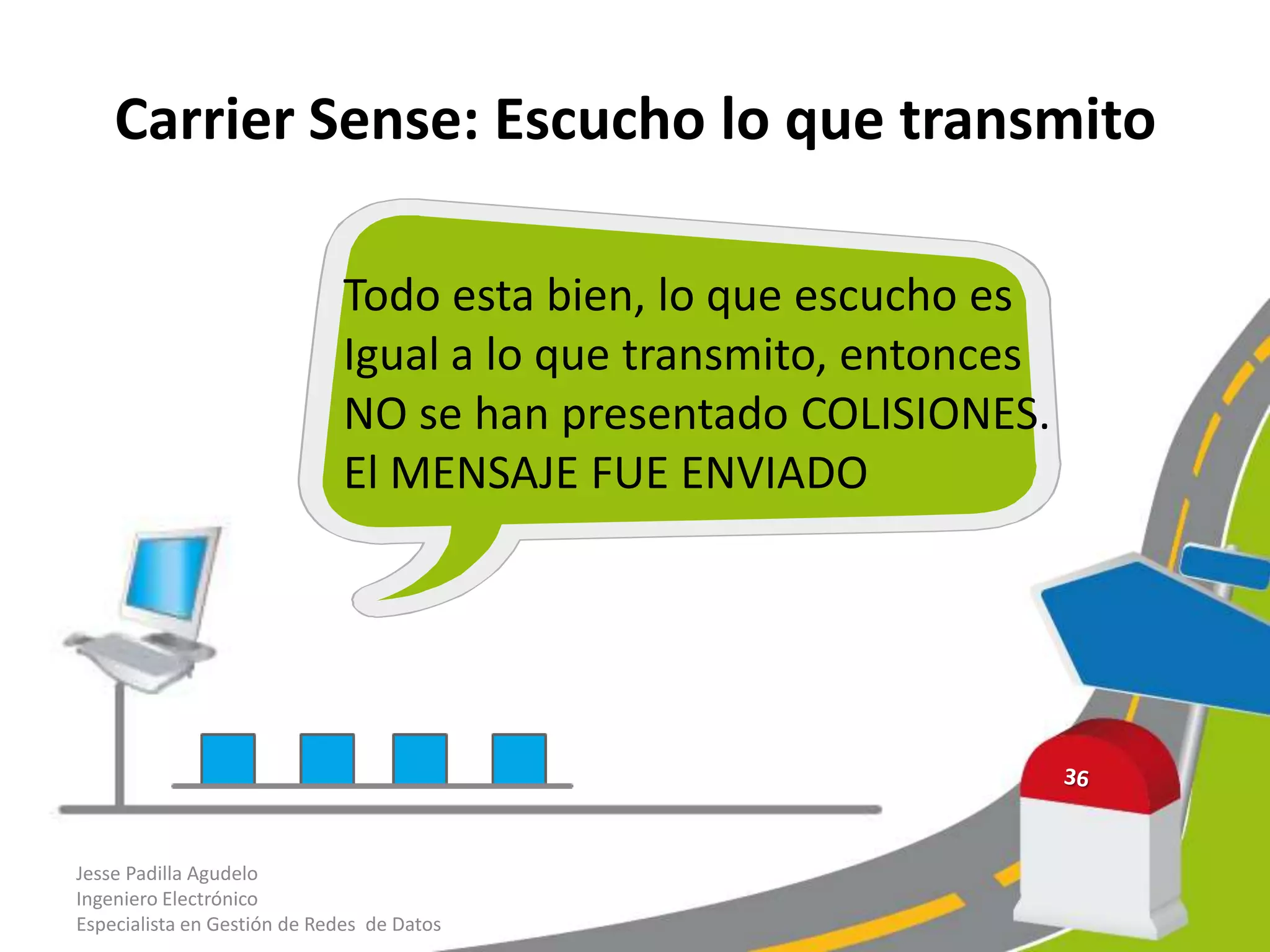 Carrier Sense: Escucho lo que transmito

                             Todo esta bien, lo que escucho es
                             Igual a lo que transmito, entonces
                             NO se han presentado COLISIONES.
                             El MENSAJE FUE ENVIADO




Jesse Padilla Agudelo
Ingeniero Electrónico
Especialista en Gestión de Redes de Datos
 