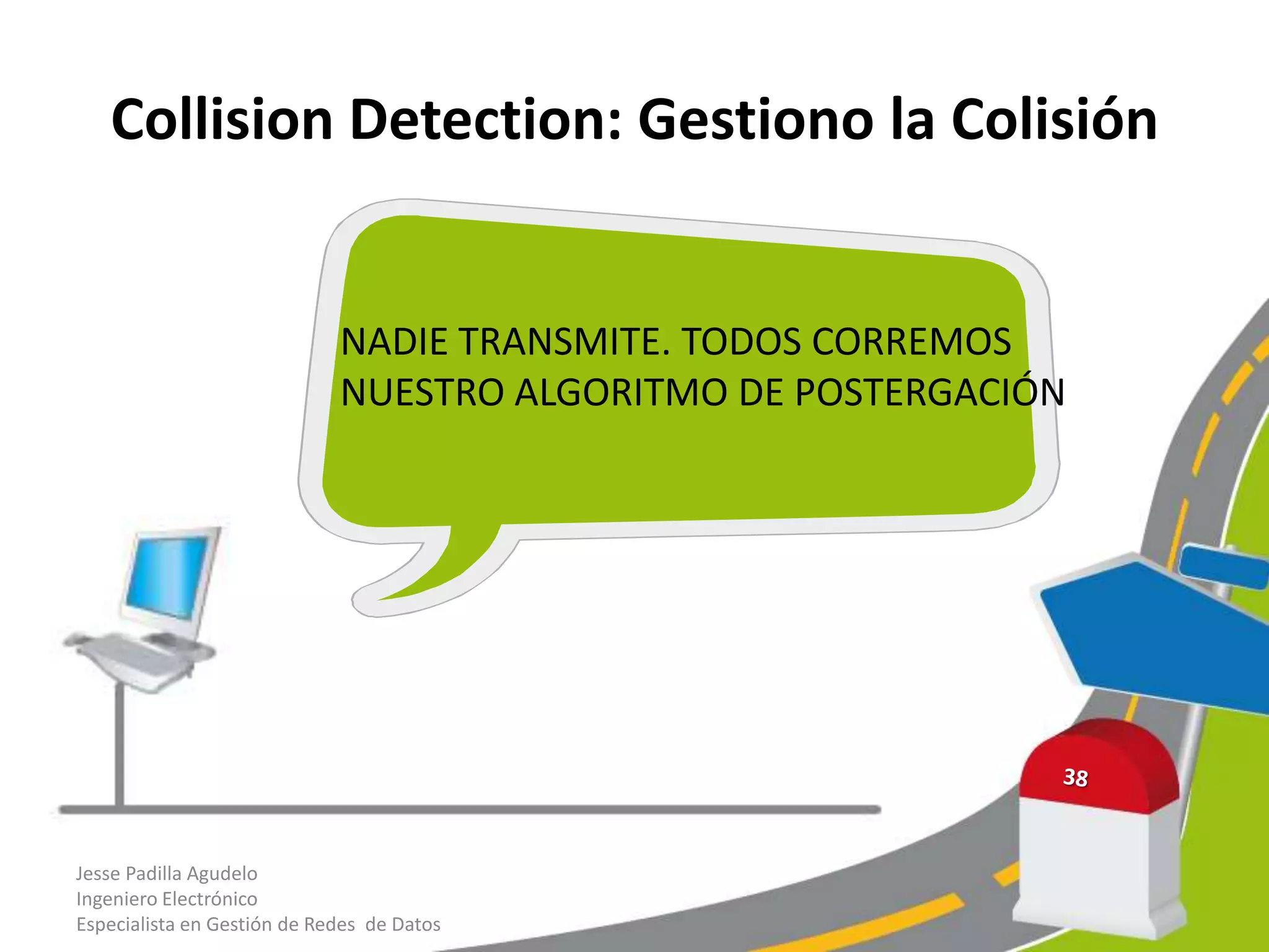 Collision Detection: Gestiono la Colisión


                             NADIE TRANSMITE. TODOS CORREMOS
                             NUESTRO ALGORITMO DE POSTERGACIÓN




Jesse Padilla Agudelo
Ingeniero Electrónico
Especialista en Gestión de Redes de Datos
 