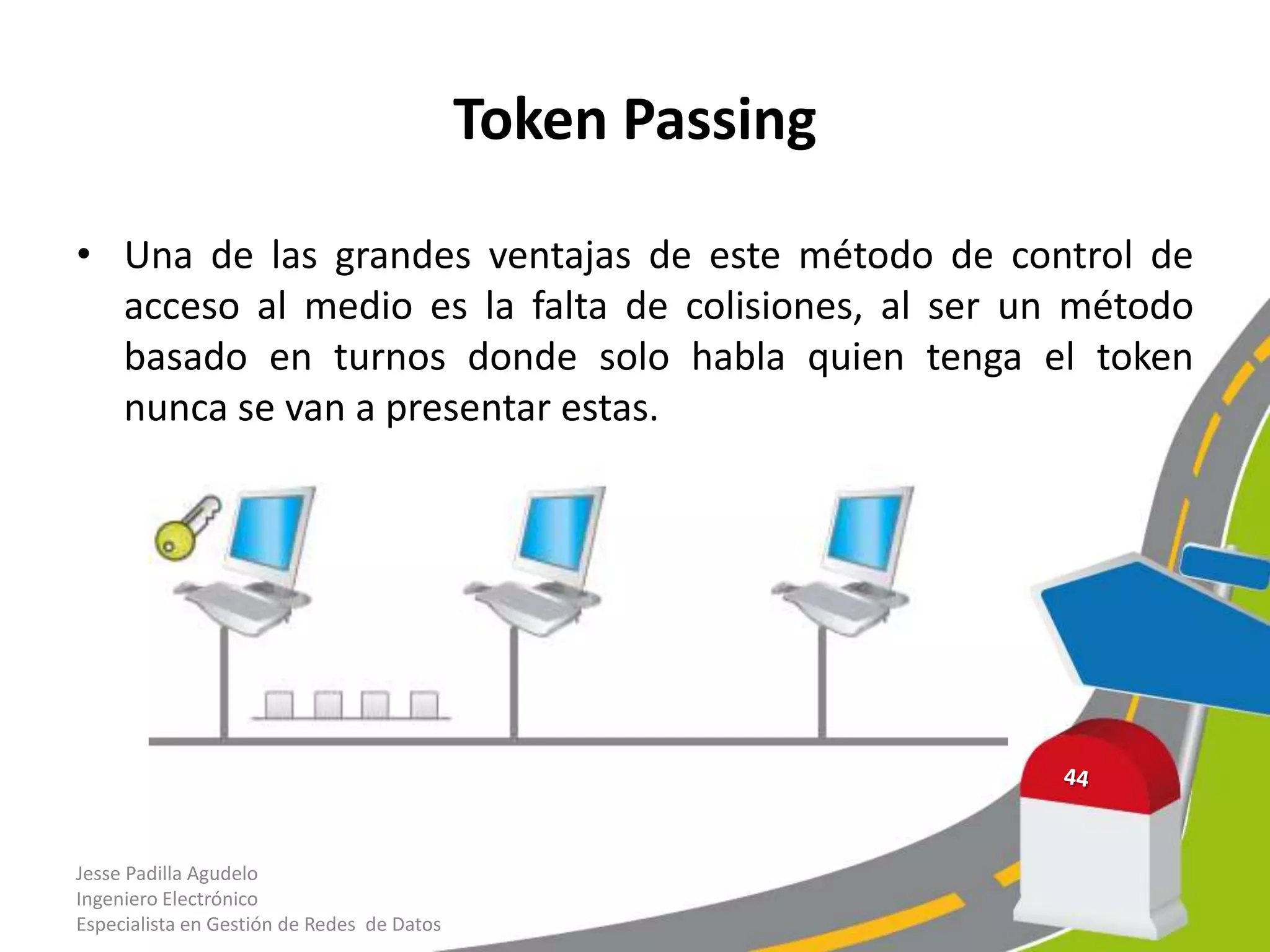 Token Passing

• Una de las grandes ventajas de este método de control de
  acceso al medio es la falta de colisiones, al ser un método
  basado en turnos donde solo habla quien tenga el token
  nunca se van a presentar estas.




Jesse Padilla Agudelo
Ingeniero Electrónico
Especialista en Gestión de Redes de Datos
 