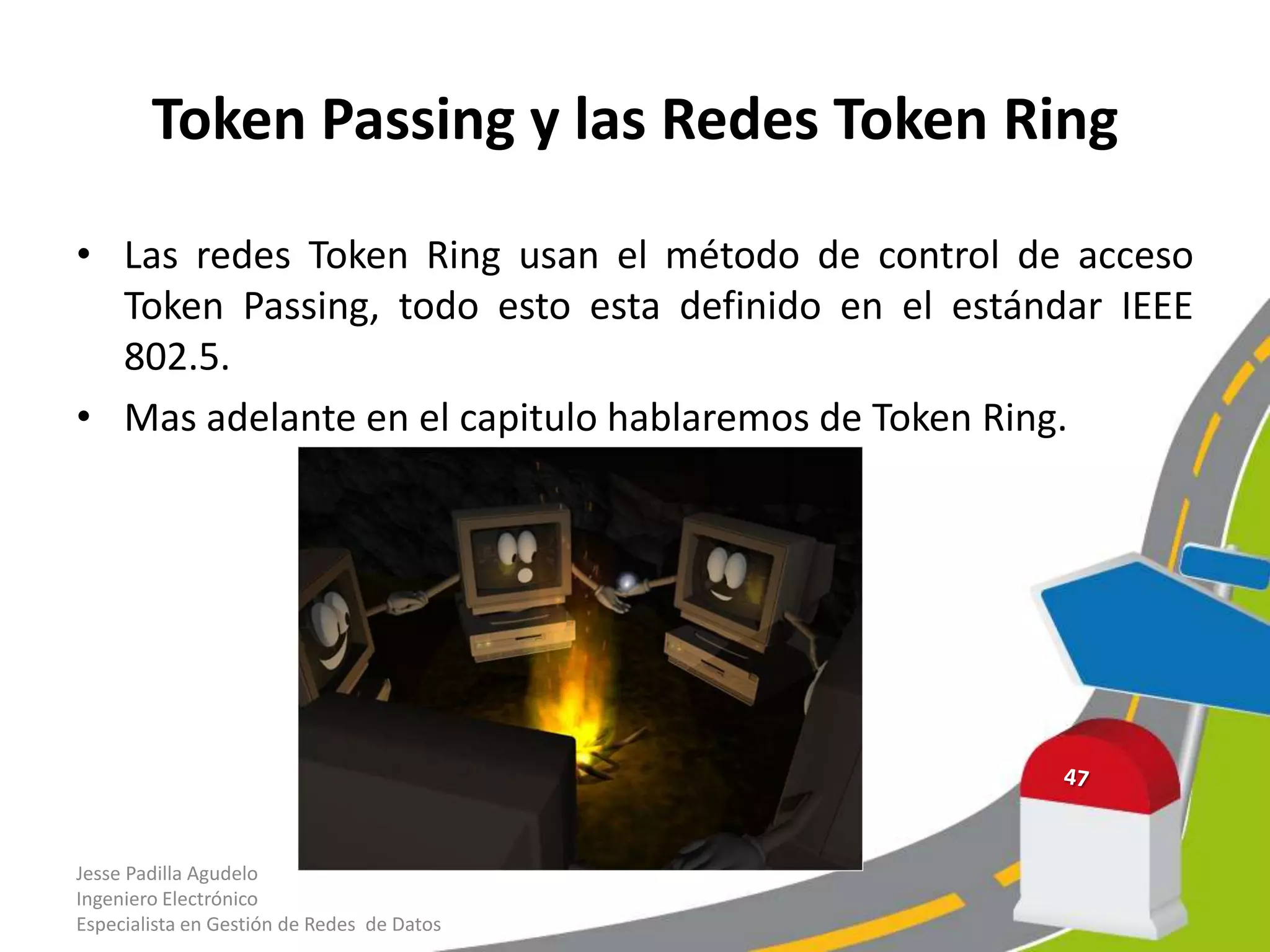 Token Passing y las Redes Token Ring

• Las redes Token Ring usan el método de control de acceso
  Token Passing, todo esto esta definido en el estándar IEEE
  802.5.
• Mas adelante en el capitulo hablaremos de Token Ring.




Jesse Padilla Agudelo
Ingeniero Electrónico
Especialista en Gestión de Redes de Datos
 
