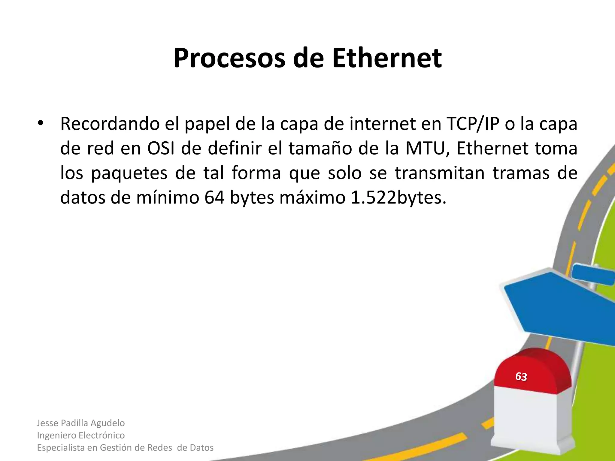Procesos de Ethernet

• Recordando el papel de la capa de internet en TCP/IP o la capa
  de red en OSI de definir el tamaño de la MTU, Ethernet toma
  los paquetes de tal forma que solo se transmitan tramas de
  datos de mínimo 64 bytes máximo 1.522bytes.




Jesse Padilla Agudelo
Ingeniero Electrónico
Especialista en Gestión de Redes de Datos
 