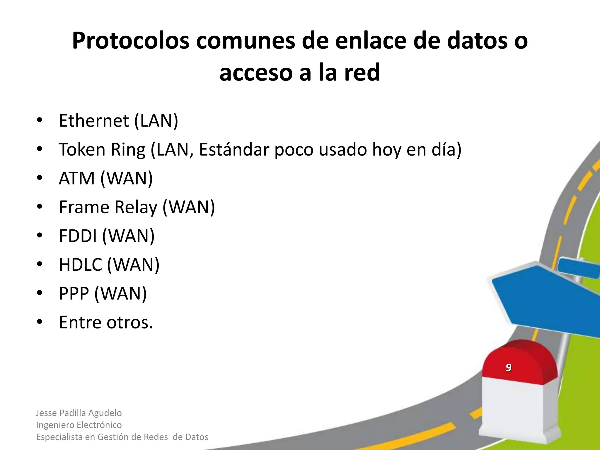 Protocolos comunes de enlace de datos o
                     acceso a la red
•    Ethernet (LAN)
•    Token Ring (LAN, Estándar poco usado hoy en día)
•    ATM (WAN)
•    Frame Relay (WAN)
•    FDDI (WAN)
•    HDLC (WAN)
•    PPP (WAN)
•    Entre otros.



Jesse Padilla Agudelo
Ingeniero Electrónico
Especialista en Gestión de Redes de Datos
 