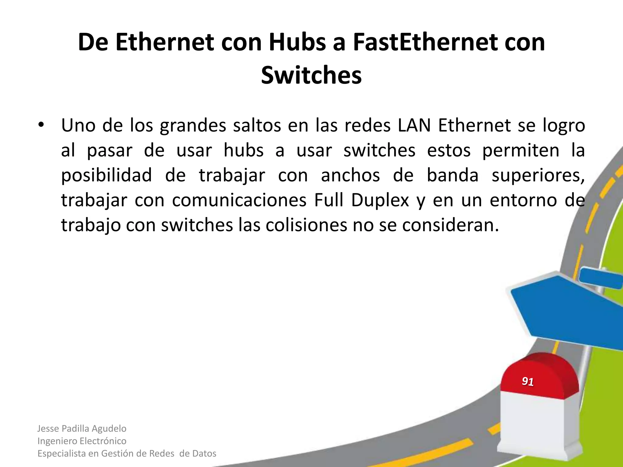 De Ethernet con Hubs a FastEthernet con
                        Switches
• Uno de los grandes saltos en las redes LAN Ethernet se logro
  al pasar de usar hubs a usar switches estos permiten la
  posibilidad de trabajar con anchos de banda superiores,
  trabajar con comunicaciones Full Duplex y en un entorno de
  trabajo con switches las colisiones no se consideran.




Jesse Padilla Agudelo
Ingeniero Electrónico
Especialista en Gestión de Redes de Datos
 