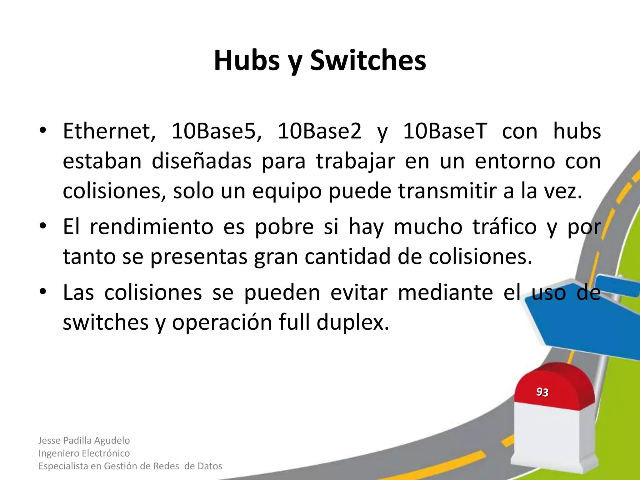 Hubs y Switches

• Ethernet, 10Base5, 10Base2 y 10BaseT con hubs
  estaban diseñadas para trabajar en un entorno con
  colisiones, solo un equipo puede transmitir a la vez.
• El rendimiento es pobre si hay mucho tráfico y por
  tanto se presentas gran cantidad de colisiones.
• Las colisiones se pueden evitar mediante el uso de
  switches y operación full duplex.



Jesse Padilla Agudelo
Ingeniero Electrónico
Especialista en Gestión de Redes de Datos
 