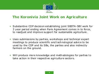 2
The Koronivia Joint Work on Agriculture
• Substantive COP decision establishing joint SBSTA-SBI work for
3 year period e...