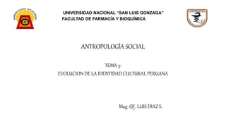 UNIVERSIDAD NACIONAL “SAN LUIS GONZAGA”
FACULTAD DE FARMACÍA Y BIOQUÍMICA
ANTROPOLOGÍA SOCIAL
TEMA 5:
EVOLUCION DE LA IDENTIDAD CULTURAL PERUANA
Mag. QF. LUIS DIAZ S.
 