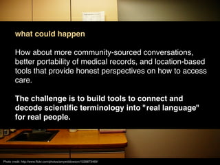 what could happen

        How about more community-sourced conversations,
        better portability of medical records, ...