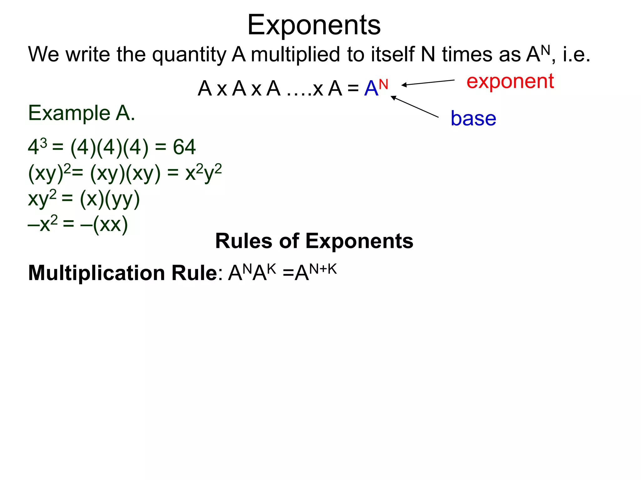 Example A.
43 = (4)(4)(4) = 64
(xy)2= (xy)(xy) = x2y2
xy2 = (x)(yy)
–x2 = –(xx)
base
exponent
Exponents
Multiplication Rule: ANAK =AN+K
Rules of Exponents
We write the quantity A multiplied to itself N times as AN, i.e.
A x A x A ….x A = AN
 