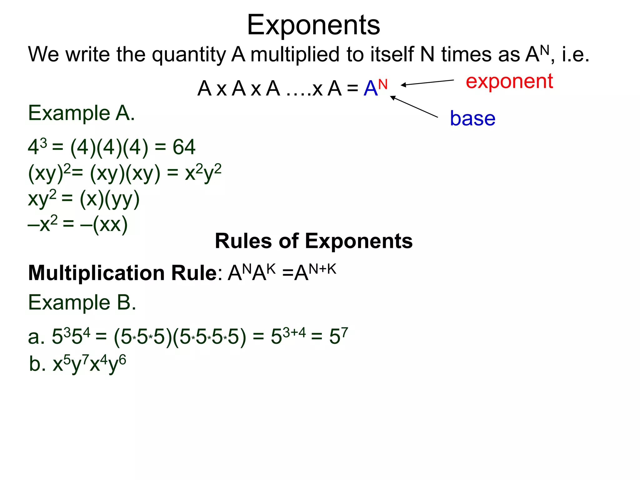 Example A.
43 = (4)(4)(4) = 64
(xy)2= (xy)(xy) = x2y2
xy2 = (x)(yy)
–x2 = –(xx)
base
exponent
Exponents
Multiplication Rule: ANAK =AN+K
Example B.
a. 5354 = (5*5*5)(5*5*5*5) = 53+4 = 57
b. x5y7x4y6
Rules of Exponents
We write the quantity A multiplied to itself N times as AN, i.e.
A x A x A ….x A = AN
 