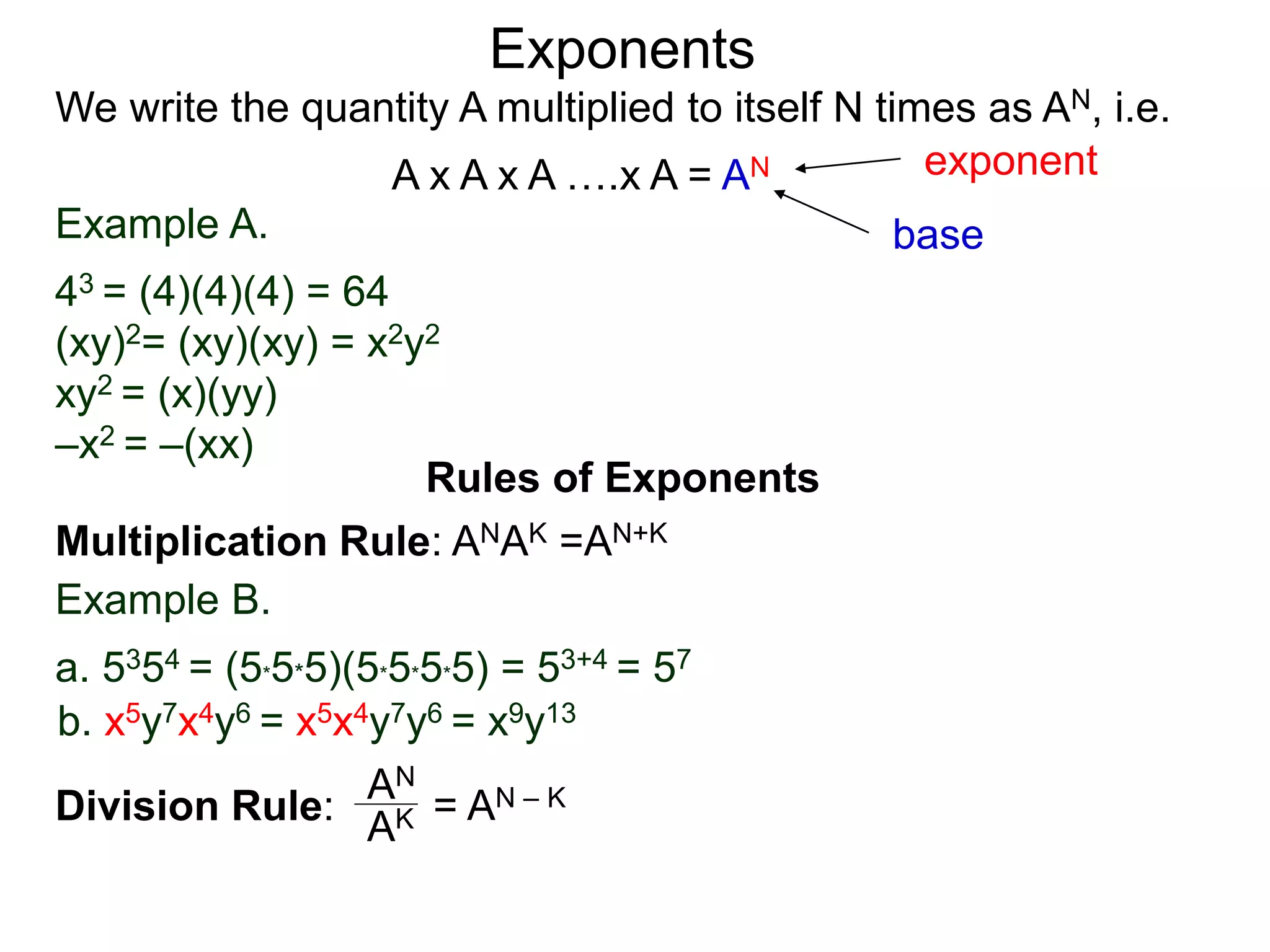 Example A.
43 = (4)(4)(4) = 64
(xy)2= (xy)(xy) = x2y2
xy2 = (x)(yy)
–x2 = –(xx)
base
exponent
Exponents
Multiplication Rule: ANAK =AN+K
Example B.
a. 5354 = (5*5*5)(5*5*5*5) = 53+4 = 57
b. x5y7x4y6 = x5x4y7y6 = x9y13
Rules of Exponents
Division Rule:
AN
AK = AN – K
We write the quantity A multiplied to itself N times as AN, i.e.
A x A x A ….x A = AN
 