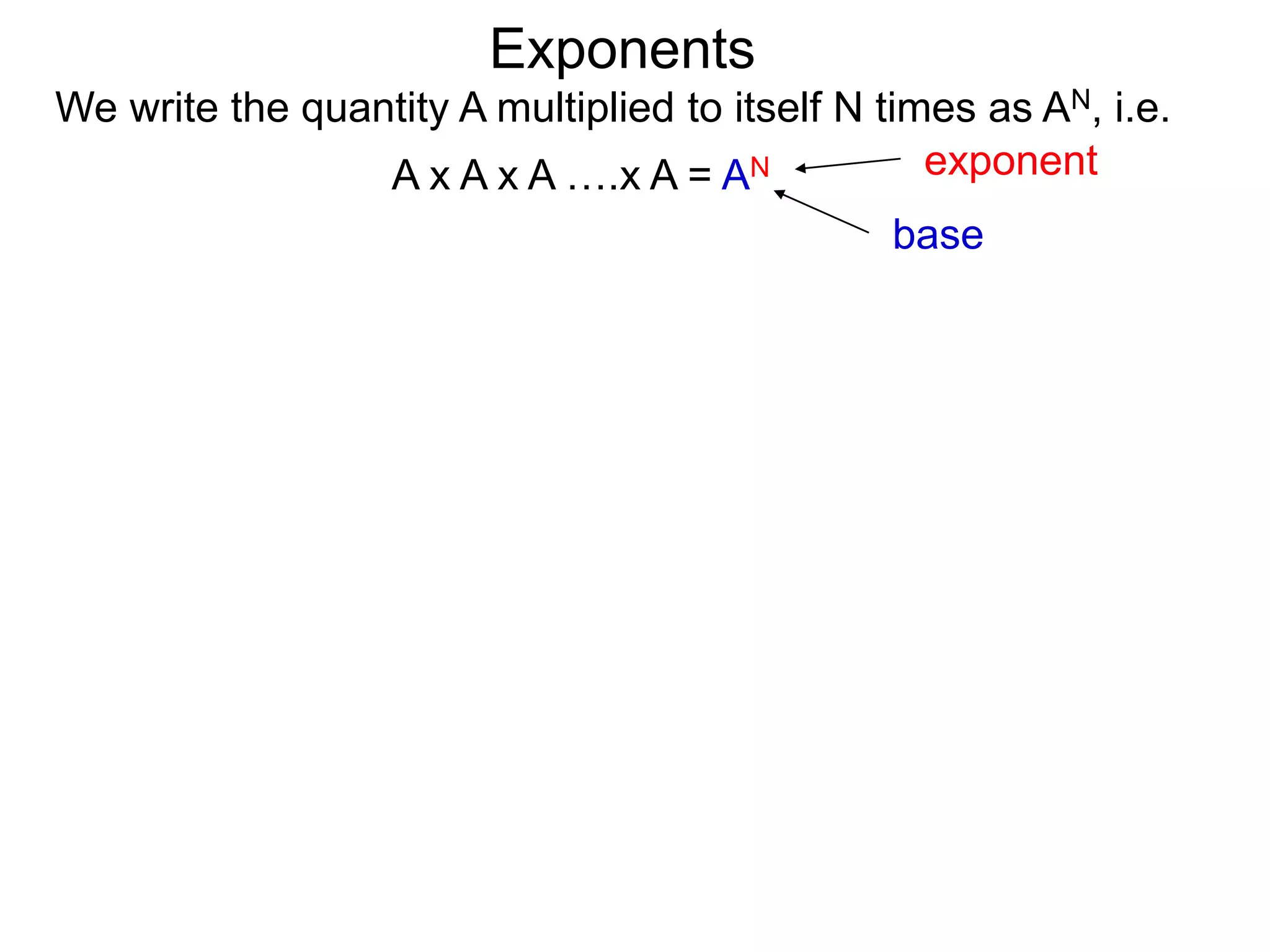 base
exponent
Exponents
We write the quantity A multiplied to itself N times as AN, i.e.
A x A x A ….x A = AN
 