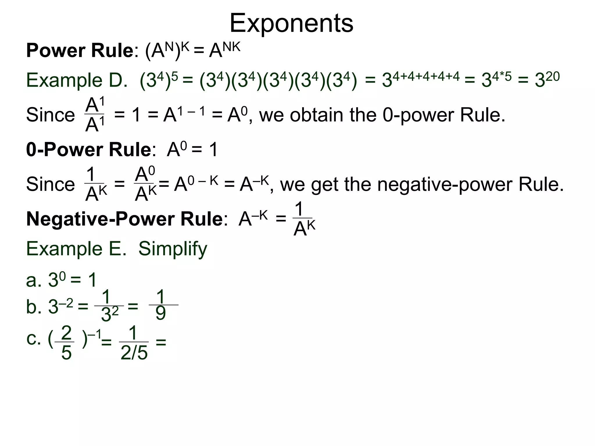 Power Rule: (AN)K = ANK
Example D. (34)5 = (34)(34)(34)(34)(34) = 34+4+4+4+4 = 34*5 = 320
Exponents
Since = 1 = A1 – 1 = A0, we obtain the 0-power Rule.A1
A1
0-Power Rule: A0 = 1
Since = = A0 – K = A–K, we get the negative-power Rule.
1
AK
A0
AK
Negative-Power Rule: A–K = 1
AK
Example E. Simplify
1
32
1
9
c. ( )–12
5
=
1
2/5
=
b. 3–2 = =
a. 30 = 1
 