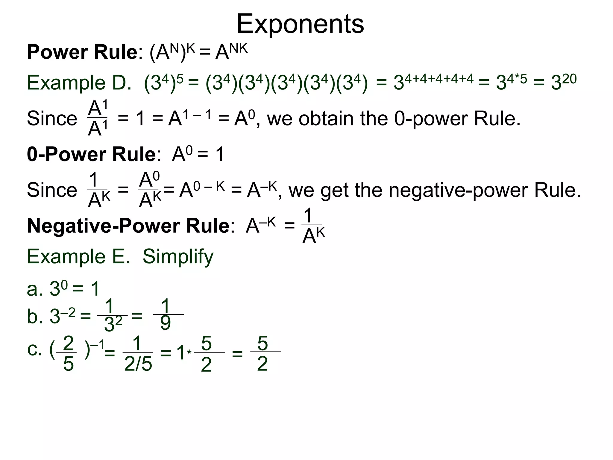 Power Rule: (AN)K = ANK
Example D. (34)5 = (34)(34)(34)(34)(34) = 34+4+4+4+4 = 34*5 = 320
Exponents
Since = 1 = A1 – 1 = A0, we obtain the 0-power Rule.A1
A1
0-Power Rule: A0 = 1
Since = = A0 – K = A–K, we get the negative-power Rule.
1
AK
A0
AK
Negative-Power Rule: A–K = 1
AK
Example E. Simplify
1
32
1
9
c. ( )–12
5
=
1
2/5
= 1*
5
2
=
5
2
b. 3–2 = =
a. 30 = 1
 