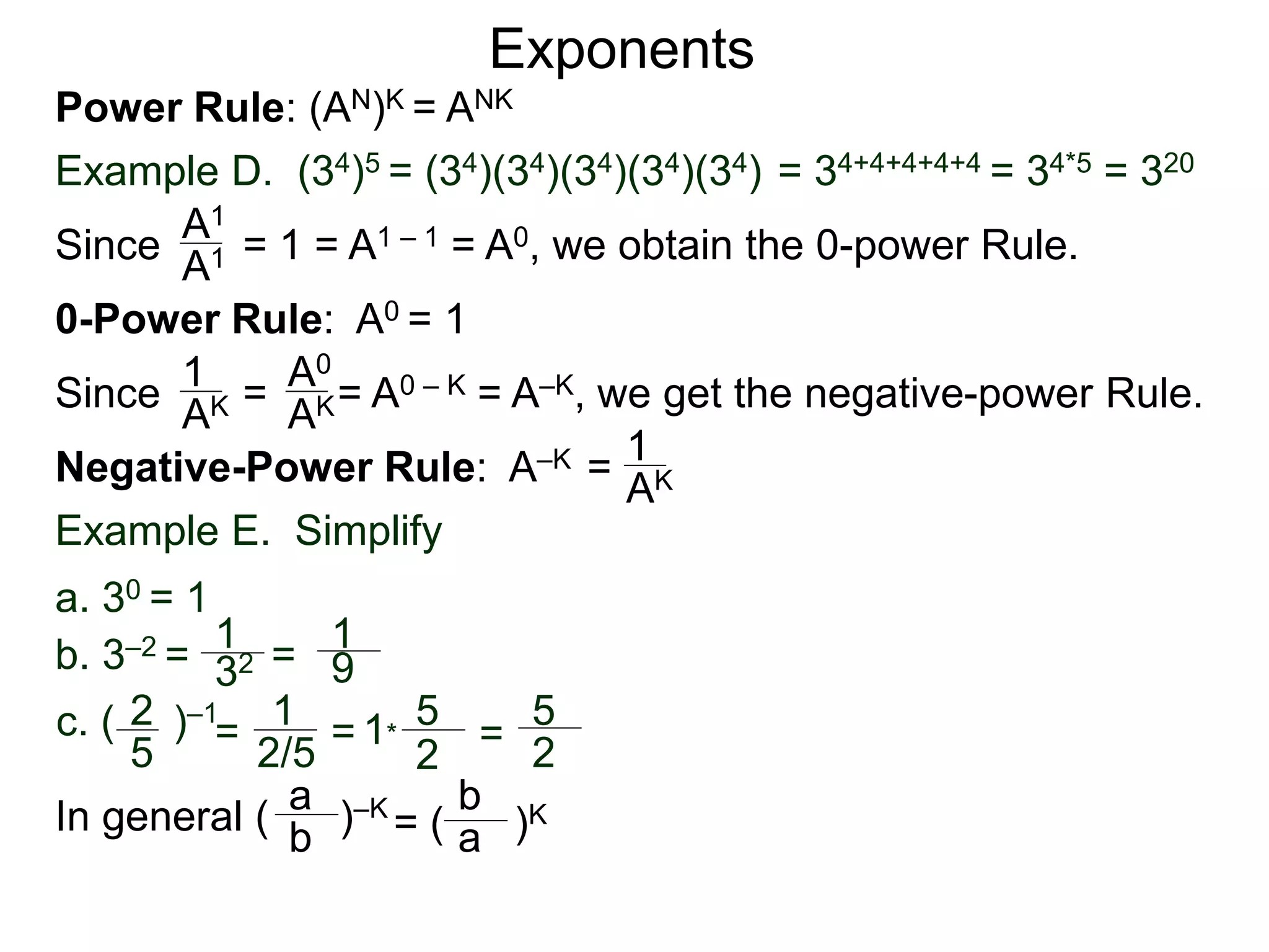 Power Rule: (AN)K = ANK
Example D. (34)5 = (34)(34)(34)(34)(34) = 34+4+4+4+4 = 34*5 = 320
Exponents
Since = 1 = A1 – 1 = A0, we obtain the 0-power Rule.A1
A1
0-Power Rule: A0 = 1
Since = = A0 – K = A–K, we get the negative-power Rule.
1
AK
A0
AK
Negative-Power Rule: A–K = 1
AK
Example E. Simplify
1
32
1
9
c. ( )–12
5
=
1
2/5
= 1*
5
2
=
5
2
b. 3–2 = =
a. 30 = 1
In general ( )–Ka
b = ( )K
b
a
 