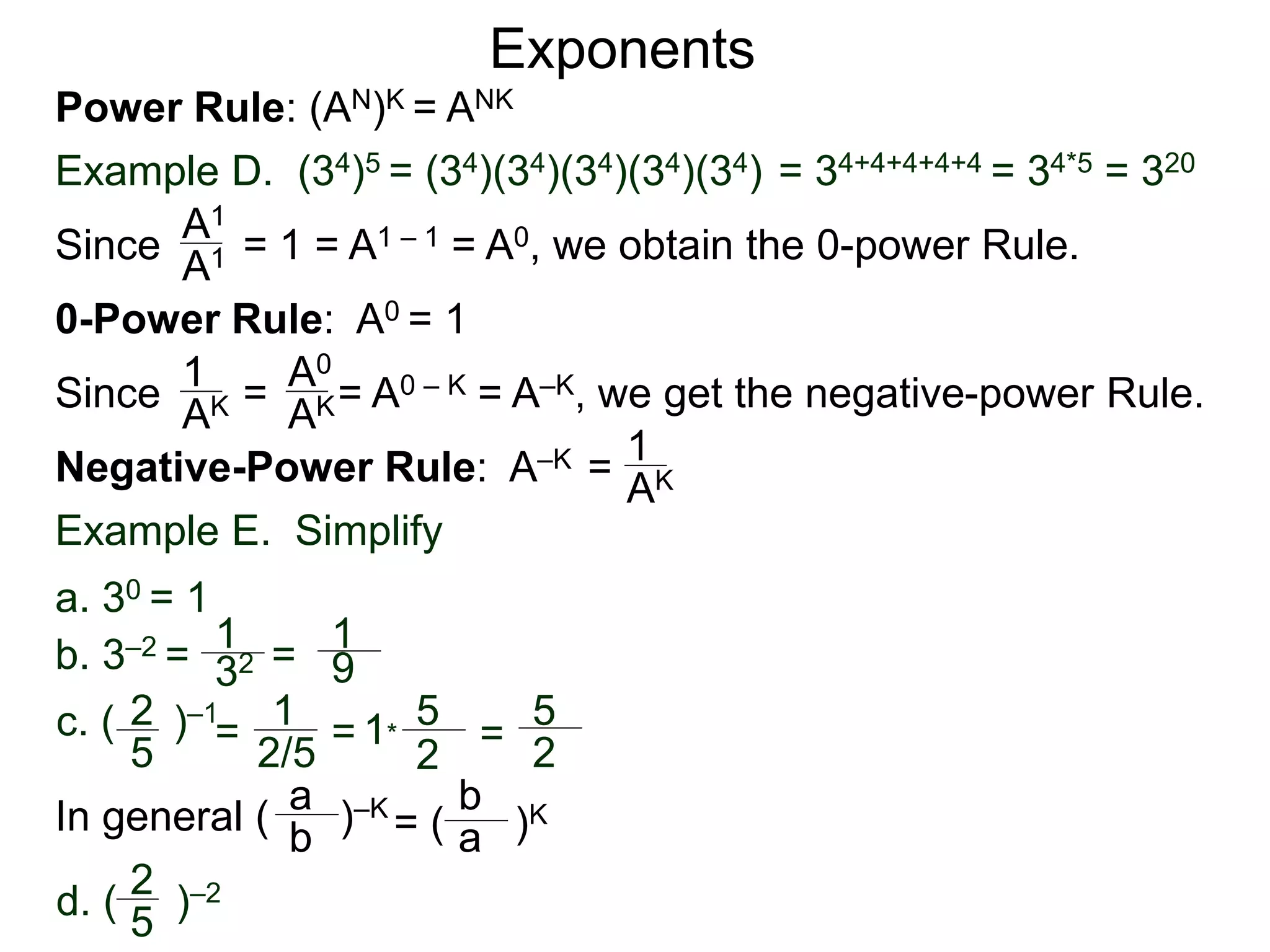 Power Rule: (AN)K = ANK
Example D. (34)5 = (34)(34)(34)(34)(34) = 34+4+4+4+4 = 34*5 = 320
Exponents
Since = 1 = A1 – 1 = A0, we obtain the 0-power Rule.A1
A1
0-Power Rule: A0 = 1
Since = = A0 – K = A–K, we get the negative-power Rule.
1
AK
A0
AK
Negative-Power Rule: A–K = 1
AK
Example E. Simplify
1
32
1
9
c. ( )–12
5
=
1
2/5
= 1*
5
2
=
5
2
b. 3–2 = =
a. 30 = 1
In general ( )–Ka
b = ( )K
b
a
d. ( )–22
5
 