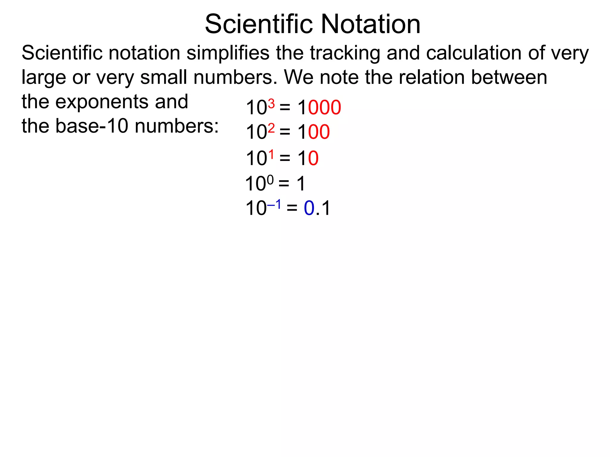 100 = 1
101 = 10
102 = 100
103 = 1000
10–1 = 0.1
Scientific Notation
Scientific notation simplifies the tracking and calculation of very
large or very small numbers. We note the relation between
the exponents and
the base-10 numbers:
 