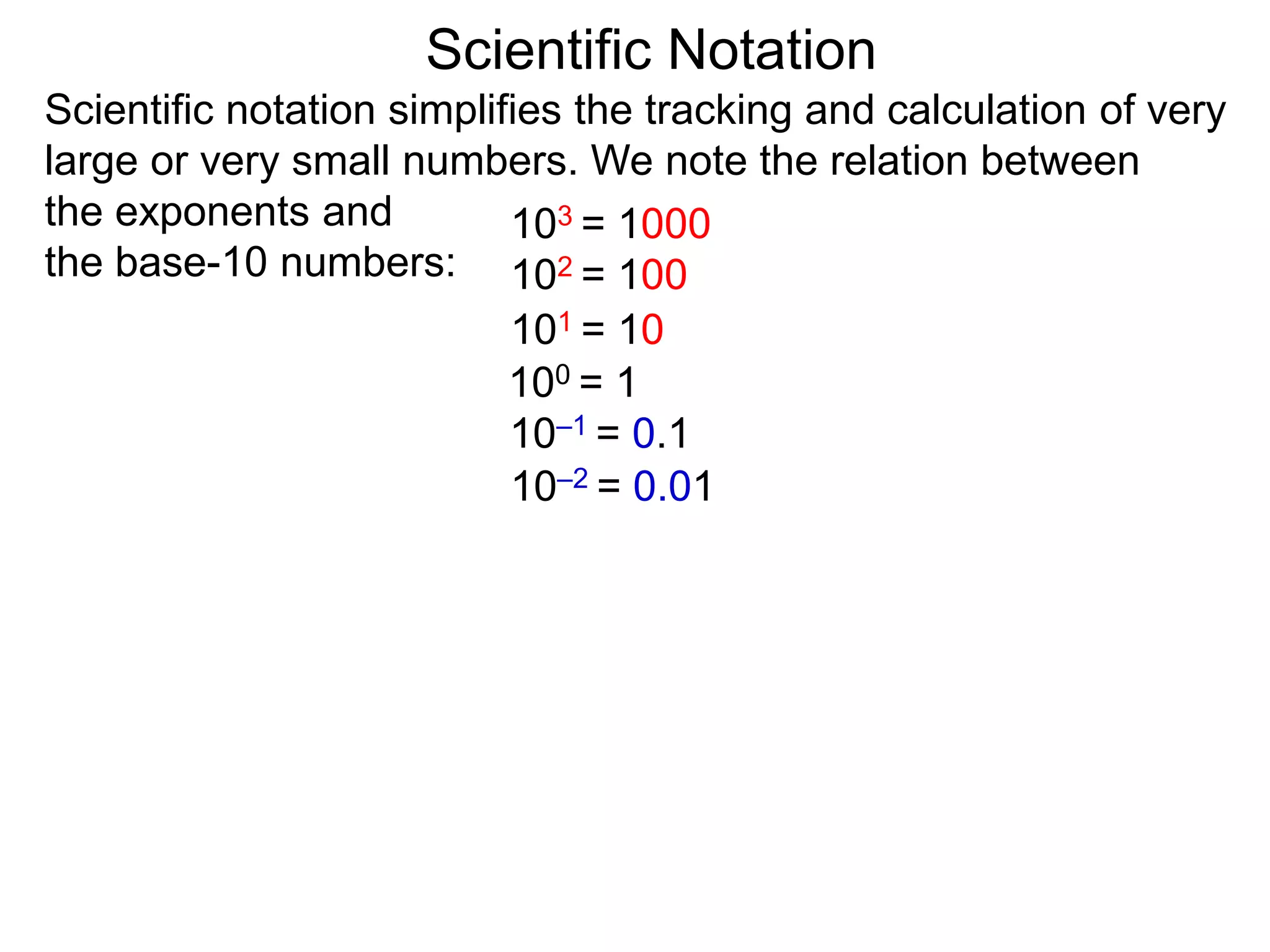 100 = 1
101 = 10
102 = 100
103 = 1000
10–1 = 0.1
10–2 = 0.01
Scientific Notation
Scientific notation simplifies the tracking and calculation of very
large or very small numbers. We note the relation between
the exponents and
the base-10 numbers:
 