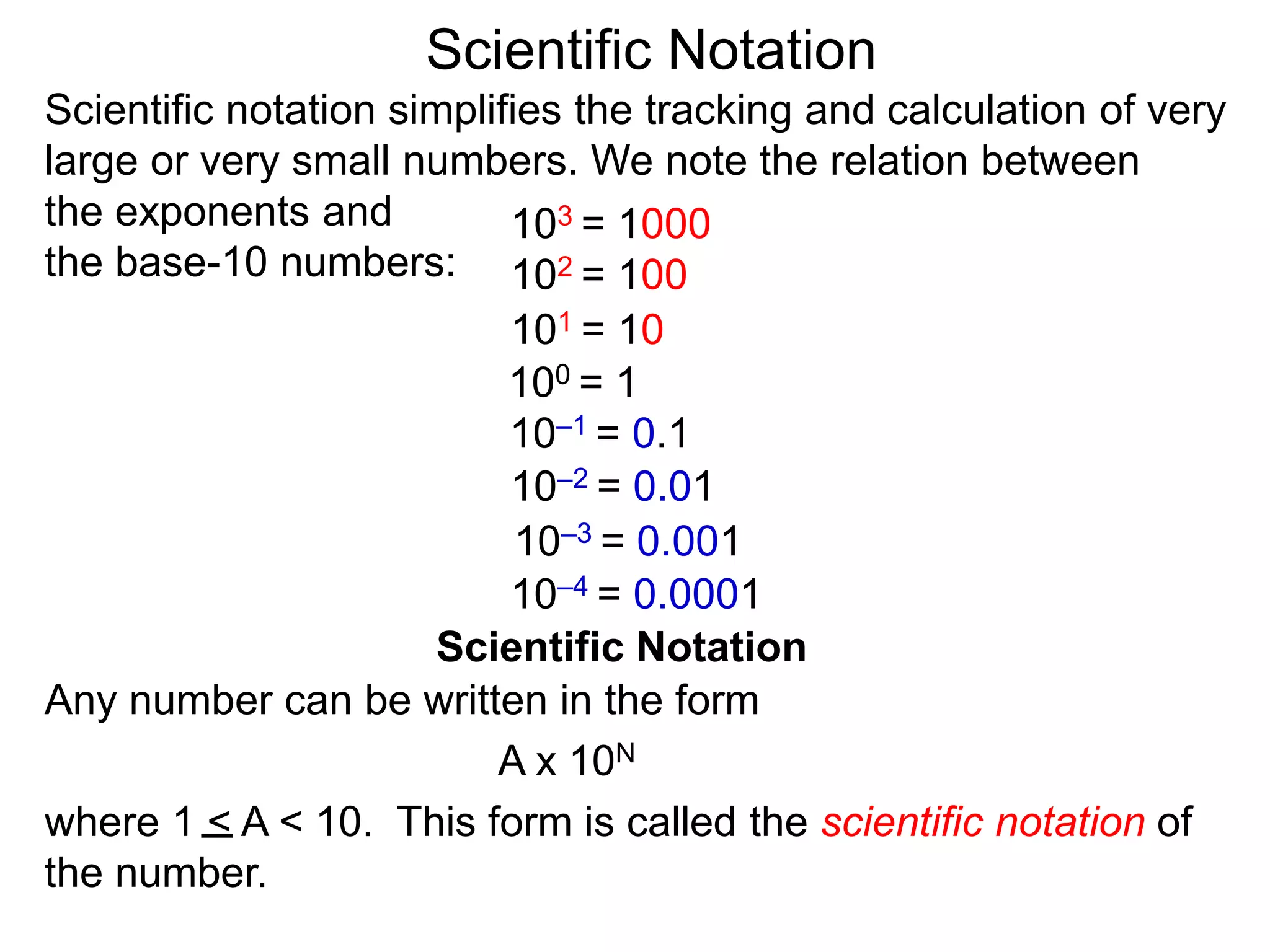 100 = 1
101 = 10
102 = 100
103 = 1000
10–1 = 0.1
10–2 = 0.01
10–3 = 0.001
10–4 = 0.0001
Scientific Notation
Scientific Notation
Any number can be written in the form
A x 10N
where 1 < A < 10. This form is called the scientific notation of
the number.
Scientific notation simplifies the tracking and calculation of very
large or very small numbers. We note the relation between
the exponents and
the base-10 numbers:
 