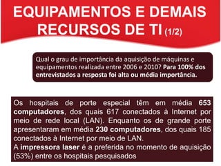 EQUIPAMENTOS E DEMAIS RECURSOS DE TI (1/2)Os hospitais de porte especial têm em média 653 computadores, dos quais 617 conectados à Internet por meio de rede local (LAN). Enquanto os de grande porte apresentaram em média 230 computadores, dos quais 185 conectados à Internet por meio de LAN. A impressora laser é a preferida no momento de aquisição  (53%) entre os hospitais pesquisados