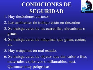 CONDICIONES DE
SEGURIDAD

1. Hay desórdenes curiosos
2. Los ambientes de trabajo están en desorden
3. Se trabaja cerca de las carretillas, elevadoras o
grúas.
4. Se trabaja cerca de máquinas que giran, cortan,
etc.
5. Hay máquinas en mal estado.
6. Se trabaja cerca de objetos que dan calor o frío,
materiales explosivos o inflamables, sust.
Químicas muy peligrosas.

 