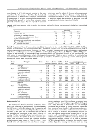 Evaluating the bio-hydrological impact of a cloud forest in central America using a semi-distributed water balance model
15
water balance for WS1, this was not possible for the other
watersheds. For this reason, we first fitted the observed and
predicted values for WS1 and then changed the fewest number
of parameters to fit the other three watersheds using a simpli-
fied equifinality approach by varying those parameters within
physically-justifiable ranges. We first adjusted the area that
contributed runoff in order to fit the observed versus predicted
values. Once we had the mass balance correctly fitted, the
available water content of the soil was fitted, and subsequently
a sensitivity analysis was performed in which we varied the
precipitation and potential evaporation (Table 3).
Table 2. Model input parameter values for surface flow, baseflow and interflow for the four catchments in the La Tigra National Park
in Honduras.
Parameter
Watershed
WS1 WS2 WS3 WS4
Overland flow area 0.04 0.04 0.04 0.04
Permeable hill slope area (fraction) 0.96 0.80 0.30 0.70
t* for interflow zero order reservoir (days) 20 3 3 3
t1/2 half-life aquifer (days) 70 2.3 2.3 2.3
Maximum depth ground water reservoir (mm) 200 15 15 15
Smax overland flow area (mm) 5 5 5 5
Smax hill slope zone (mm) 20 200 200 200
Table 3. Comparison of observed versus model predicted daily discharge for the four watershed WS1, WS2, WS3 and WS4. The Mean,
Standard deviation (St Dev), root mean square error (RMSE), Nash Sutcliff Efficiency (Nash Sut) and the intercept (interc), slope and R2
of
the linear regression are given for various simulations. For “Table 2 parameters” the values listed in Table 2 for the particle watershed are
used. We also used the input values for Watershed WS1 for simulating the discharge of Watersheds WS2, WS3 and WS4 (WS1 parame-
ters) and the WS2 parameters for simulating WS1 (WS2 parameters); Best fits were also obtained by setting the total contributing area to 1
while keeping the other model parameters in Table 2 for the particular watershed in Table 2 the same by multiplying the precipitation by a
constant factor listed under “Ratio” (Precipitation adjusted) or by multiplying the potential evaporation by a constant factor (Evaporation
adjusted). The value in “Ratio” was the best fit value.
Water-
shed
Description Ratio Mean
(mm/day)
St dev
(mm/day)
RMSE
(mm d-1
)
Nash
Sutc
Linear regression
interc slope R2
WS1
Observed 1.74 1.60
Table 2 parameters 1.70 1.69 0.62 0.85 0.07 0.96 0.89
WS2 parameters 0.54 1.59 1.64 -0.05 0.15 0.97 0.89
Precipitation adjusted 0.90 1.58 1.64 0.54 0.89 0.27 0.93 0.90
Evaporation adjusted 1.30 1.57 1.57 0.51 0.90 0.20 0.97 0.90
WS2
Observed 0.47 0.80
WS1 parameters 1.88 0.96 1.48 -2.43 1.38 1.07 0.80
Table 2 parameters 0.47 0.98 0.30 0.86 -0.08 1.18 0.93
Precipitation adjusted 0.85 0.35 0.99 0.29 0.87 0.21 1.20 0.95
Evaporation adjusted 1.40 0.33 0.97 0.31 0.85 -0.22 1.18 0.94
WS3
Observed 0.31 0.70
WS1 parameters 1.44 0.72 1.45 -4.27 1.17 0.90 0.26
Table 2 parameters 0.38 0.64 0.32 0.78 0.13 0.82 0.80
Precipitation adjusted 0.60 0.31 0.70 0.21 0.91 0.07 0.78 0.94
Evaporation adjusted 2.10 0.33 0.82 0.38 0.67 0.02 1.0 0.78
WS4
Observed 0.98 1.72
WS1 parameters 2.16 1.06 1.57 0.16 1.67 0.51 0.67
Table 2 parameters 0.87 1.51 0.54 0.90 0.05 0.84 0.91
Precipitation adjusted 0.83 0.71 1.40 0.66 0.85 -0.04 0.77 0.89
Evaporation adjusted 1.30 0.81 1.64 0.65 0.85 0.05 0.88 0.86
Calibration for WS1
The predicted and observed streamflow for the WS1 water-
shed (cloud forest) for the period October 2008 through Octo-
ber 2009 is shown in Fig. 2a) as the red line. Average observed
streamflow was 1.7 mm d-1
and model-predicted discharge was
1.6 mm d-1
(Table 3) this best fit was obtained with only 4% of
the watershed area contributing surface runoff, while the re-
maining 96% the watershed infiltrated precipitation and con-
tributed subsurface flow (Table 2). Surface runoff was pro-
duced when the rainfall exceeded the calibrated maximum
available rootzone water content of 5 mm (e.g. Smax = 5 mm,
Table 2) in the soil, and thus any rain with 5 mm or more pro-
duced at least some runoff. The runoff areas are saturated areas
caused by interflow from upslope or exposed bedrock (Harpold
et al., 2010). Thus 96% of the watershed had soils with high
infiltration rates in which all rainfall infiltrated. Subsurface
flow consists of slow (baseflow) and fast (interflow) compo-
nents. Baseflow was simulated as a linear reservoir with a half-
life of 70 days. In the model, the groundwater reservoir fills
first, and when the storage exceeds the equivalent of 200 mm
over the whole watershed the zero order interflow reservoir fills
and drains in 20 days (by calibration, Table 2). The time that
interflow stops is clearly visible in Fig. 2a) where on November
10th
2009, the rapid decline in discharge (i.e., interflow) stops,
and the slope of the receding limb becomes much less steep
 