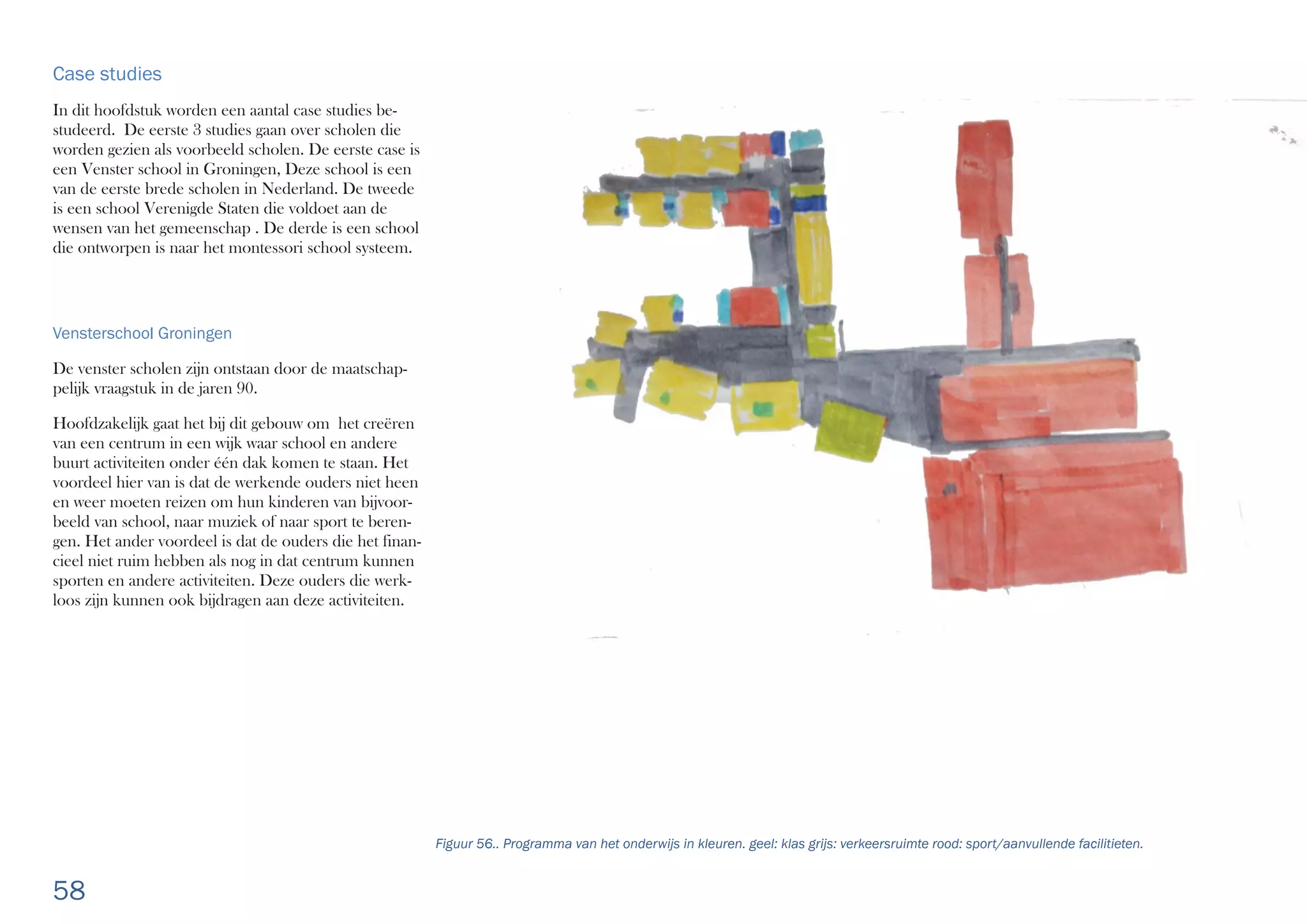 58
Case studies
In dit hoofdstuk worden een aantal case studies be-
studeerd. De eerste 3 studies gaan over scholen die
worden gezien als voorbeeld scholen. De eerste case is
een Venster school in Groningen, Deze school is een
van de eerste brede scholen in Nederland. De tweede
is een school Verenigde Staten die voldoet aan de
wensen van het gemeenschap . De derde is een school
die ontworpen is naar het montessori school systeem.
Vensterschool Groningen
De venster scholen zijn ontstaan door de maatschap-
pelijk vraagstuk in de jaren 90.
Hoofdzakelijk gaat het bij dit gebouw om het creëren
van een centrum in een wijk waar school en andere
buurt activiteiten onder één dak komen te staan. Het
voordeel hier van is dat de werkende ouders niet heen
en weer moeten reizen om hun kinderen van bijvoor-
beeld van school, naar muziek of naar sport te beren-
gen. Het ander voordeel is dat de ouders die het finan-
cieel niet ruim hebben als nog in dat centrum kunnen
sporten en andere activiteiten. Deze ouders die werk-
loos zijn kunnen ook bijdragen aan deze activiteiten.
Figuur 56.. Programma van het onderwijs in kleuren. geel: klas grijs: verkeersruimte rood: sport/aanvullende facilitieten.
 