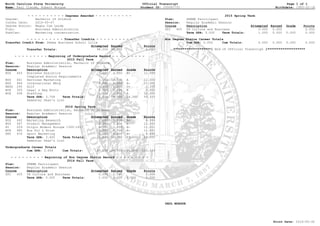 North Carolina State University Official Transcript Page 1 of 1
Name: Paul Claude, Robert Morgue Student ID: 200082752 Birthdate: 1993-02-16
PAUL MORGUE
- - - - - - - - - - Degrees Awarded - - - - - - - - - -
Degree: Bachelor of Science
Confer Date: 2016-05-07
Degree Honors: Magna Cum Laude
Plan: Business Administration
SubPlan: Marketing concentration
- - - - - - - - - - Transfer Credits - - - - - - - - - -
Transfer Credit From: Skema Business School Lille
Attempted Earned Points
Transfer Totals: 98.000 98.000 0.000
- - - - - - - - - Beginning of Undergraduate Record - - - - - - - - -
2015 Fall Term
Plan: Business Administration, Bachelor of Science
Session: Regular Academic Session
Course Description Attempted Earned Grade Points
BUS 443 Business Analytics 3.000 3.000 A+ 12.999
Completed Honors Requirements
BUS 461 Services Marketing 3.000 3.000 A 12.000
BUS 464 International Mktg 3.000 3.000 A- 11.001
HESS 245 Golf 1.000 1.000 C+ 2.333
MIE 305 Legal & Reg Envir 3.000 3.000 B 9.000
MIE 438 Staffing 3.000 3.000 A 12.000
Term GPA: 3.708 Term Totals: 16.000 16.000 16.000 59.333
Semester Dean's List
2016 Spring Term
Plan: Business Administration, Bachelor of Science
Session: Regular Academic Session
Course Description Attempted Earned Grade Points
BUS 462 Marketing Research 3.000 3.000 B+ 9.999
BUS 467 Product Management 3.000 3.000 A 12.000
HI 209 Origin Modern Europe 1300-1815 3.000 3.000 A- 11.001
MIE 480 Bus Pol & Strat 3.000 3.000 A- 11.001
PRT 476 Sport Marketing 3.000 3.000 B+ 9.999
Term GPA: 3.600 Term Totals: 15.000 15.000 15.000 54.000
Semester Dean's List
Undergraduate Career Totals
Cum GPA: 3.656 Cum Totals: 129.000 129.000 31.000 113.333
- - - - - - - - - Beginning of Non Degree Status Record - - - - - - - - -
2014 Fall Term
Plan: SKEMA Participant
Session: Regular Academic Session
Course Description Attempted Earned Grade Points
GTI 405 US Culture and Business 0.000 0.000 0.000
Term GPA: 0.000 Term Totals: 1.000 0.000 0.000 0.000
2015 Spring Term
Plan: SKEMA Participant
Session: Regular Academic Session
Course Description Attempted Earned Grade Points
GTI 405 US Culture and Business 0.000 0.000 0.000
Term GPA: 0.000 Term Totals: 1.000 0.000 0.000 0.000
Non Degree Status Career Totals
Cum GPA: 0.000 Cum Totals: 0.000 0.000 0.000 0.000
********************[ End of Official Transcript ]********************
Print Date: 2016-05-30
 