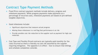 Contract Type Payment Methods
 Fixed Price contract payment methods include delivery, progress and
milestone payments. While progress payments make payments as a
percentage of incurred costs, milestone payments are based on pre-defined
tangible objectives.
 Good milestones include:
 Significant objectives that measure actual progress
 Missing these milestones is a red flag that performance is at risk
 Provide sensible cost risk reduction to the supplier such as payment for high cost
materials
 Cost Type and Flexibly Priced contracts are typically paid monthly for the
costs incurred so there is literally no cost risk assumed by the supplier
requiring mitigation. The opposite is in effect – how to ensure that billings
and schedule completion coincide.
 