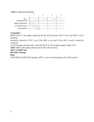 ATmega8(L)
AVCC AVCC is the supply voltage pin for the A/D Converter, Port C (3..0), and ADC (7..6). It
should be
externally connected to VCC, even if the ADC is not used. If the ADC is used, it should be
connected
to VCC through a low-pass filter. Note that Port C (5..4) use digital supply voltage, VCC.
AREF AREF is the analog reference pin for the A/D Converter.
ADC7..6 (TQFP and
QFN/MLF Package
Only)
In the TQFP and QFN/MLF package, ADC7..6 serve as analog inputs to the A/D converter.
37
 