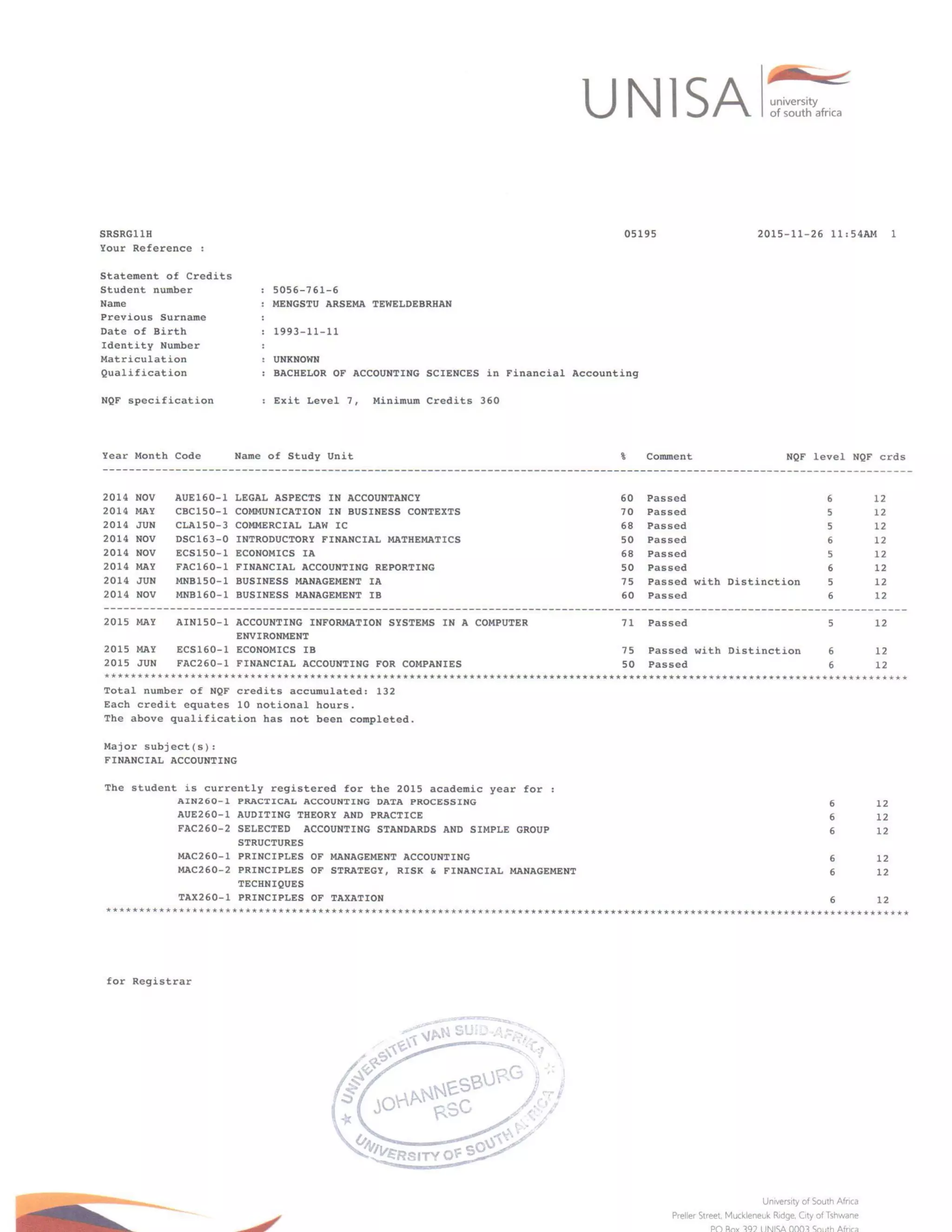 Unisa Transcript Hd UNISA accademic record | PDF