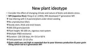New plant ideotype
• Consider the effect of changing climate and nature of biotic and abiotic stress.
• NPI (Japonica Rice): Peng et al. (1993), IRRI developed Ist generation NPI
 low tillering with 3-4 panicle/plant under direct seeding
No unproductive tillers
Sturdy stem, thick and erect leaves
200-250 grains/panicle
Plant height: 90-100 cm, vigorous root system
Multiple IP&D resistance
Duration: 120-130 days; HI= 0.6 or 60 %
Yield potential: 13-15 t/ha
Grain yield was not high as expected due to poor biomass production & poor grain
filling which led to II generation NPI
 