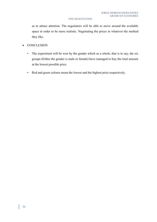 JORGE MORENO HERNÁNDEZ
GRADO EN ECONOMÍA
THE NEGOTIATION
36
as to attract attention. The negotiators will be able to move around the available
space in order to be more realistic. Negotiating the prices in whatever the method
they like.
 CONCLUSION
• The experiment will be won by the gender which as a whole, that is to say, the six
groups (Either the gender is male or female) have managed to buy the total amount
at the lowest possible price.
• Red and green colours mean the lowest and the highest price respectively.
 