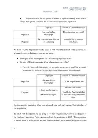 JORGE MORENO HERNÁNDEZ
GRADO EN ECONOMÍA
THE NEGOTIATION
6
 Imagine that there are two options at the time to negotiate and they do not want to
change their options. Therefore, this is what would happen in the negotiation.
Employee Director of Human Resources
Objective
Increase his/her
knowledge.
Do not employ more staff
Proposal
Be promoted as a Director
of Marketing
Impossibility to promote
somebody.
As it can see, this negotiation will be failed if both refuse to research some resources. To
achieve the success, both parts must ask each other:
 Employee: What other options can I achieve my objectives with?
 Director of Human resources: What other options can I offer?
• Once they have asked themselves, we are going to see how it would be a win-win
negotiation (according to Harvard negotiation) following with the last example.
Employee Director of Human Resources
Objective
- Increase his/her
knowledge.
- Do not employ more staff
Proposal
- Study another degree.
-Do a master degree.
- Finance the master.
- Establish a flexible schedule
to work and study at the same
time.
Having seen this mediation, it has been achieved what each part wanted. That is the key of
the negotiation.
To finish with this section, we are going to see how Roger Fisher, who was the director of
the Hardvard Negotiation Project, conceptualised the negotiation in 1985: “The negotiation
is a basic mean to achieve what we want from each other. It is a double procedure to come
 