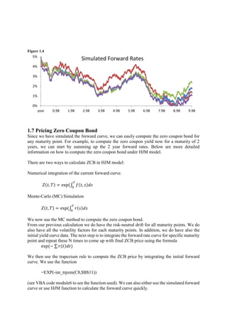 Figure 1.4
1.7 Pricing Zero Coupon Bond
Since we have simulated the forward curve, we can easily compute the zero coupon bond for
any maturity point. For example, to compute the zero coupon yield now for a maturity of 2
years, we can start by summing up the 2 year forward rates. Below are more detailed
information on how to compute the zero coupon bond under HJM model.
There are two ways to calculate ZCB in HJM model:
Numerical integration of the current forward curve.
𝑍(𝑡, 𝑇) = exp(∫ 𝑓(𝑡, 𝑠)𝑑𝑠
𝑇
0
Monte-Carlo (MC) Simulation
𝑍(𝑡, 𝑇) = exp(∫ 𝑟(𝑠)𝑑𝑠
𝑇
0
We now use the MC method to compute the zero coupon bond.
From our previous calculation we do have the risk-neutral drift for all maturity points. We do
also have all the volatility factors for each maturity points. In addition, we do have also the
initial yield curve data. The next step is to integrate the forward rate curve for specific maturity
point and repeat these N times to come up with final ZCB price using the formula
exp(− ∑ 𝑟(𝑡)𝑑𝑡)
We then use the trapezium rule to compute the ZCB price by integrating the initial forward
curve. We use the function
=EXP(-int_trpzm(C8,$B$11))
(see VBA code module6 to see the function used). We can also either use the simulated forward
curve or use HJM function to calculate the forward curve quickly.
0%
1%
2%
3%
4%
5%
year 0.98 1.98 2.98 3.98 4.98 5.98 6.98 7.98 8.98 9.98
Simulated Forward Rates
 