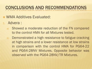 CONCLUSIONS AND RECOMMENDATIONS
 WMA Additives Evaluated:
1. Advera :
a) Showed a moderate reduction of the FN compared
to the control HMA for all Mixtures tested.
b) Demonstrated a high resistance to fatigue cracking
at high strains and a lower resistance at low strains
in comparison with the control HMA for PG64-22
and PG64-28NV Mixtures. Opposite behavior was
observed with the PG64-28NV/TR Mixtures.
 