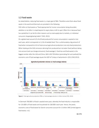 12 of 71
1.2 Food waste
As stated before, reducing food waste is a major goal of R&S. Therefore some facts about food
waste in the world and Denmark are provided in the following.
FAO refers to food waste as “food appropriate for human consumption being discarded,
whether or not after it is kept beyond its expiry date or left to spoil. Often this is because food
has spoiled but it can be for other reasons such as oversupply due to markets, or individual
consumer shopping/eating habits” (FAO, 2013).
On a global level around 1/3 of all food produced for human consumption is wasted or lost
each year, which corresponds to 1,3 Gt of eatable food. This is unfortunately a big amount of
food when compared to 6 Gt of total annual agricultural production (not only food production).
When looking at the GHG emissions deriving from produced but not eaten food (without taking
into account land use change emissions), food wastage (= food loss and food waste) is the
biggest emitter after the USA and China. With USD 750 billion (precluding fish and seafood) the
economic cost of food wastage equals the GDP of Turkey or Switzerland in 2011 (FAO,2013).
Figure 1: Total agricultural production (FBS) vs. food wastage volumes in million tonnes (FAO, 2013)
In Denmark 700.000 t of food is wasted every year, whereby the food industry is responsible
for 133.000 t of food waste and households for 260.000 t each year. Hence, the yearly
economic costs of food waste for Danish consumers account for 11 billion DKK (United against
food waste, n.d.).
 