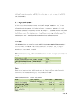 42 of 71
total yearly power consumption to 27881 kWh. In this case, the price increase will be 3345 kr
(see Appendix A2.1).
5.2 Simple payback time
In order to convince possible investors to finance the LED lights and the new oven, we also
calculated the simple payback time for both solutions. It is calculated by dividing the initial
investment by the cost savings of the solutions. By doing so it is possible to see how many years
it will take to recover the initial investment through the energy savings. A disadvantage of the
simple payback time is that it does not consider fluctuations of the energy price.
LED Lights
The payback time for an investment in LED type light bulbs is estimated to be around 2 years,
assuming that all present light bulbs are changed into LED. Investment, costs, savings and
payback time is summarized in table 4.
Table 4: Investment costs, savings, payback time and CO2eq emission reductions for changing all present light bulb
into LED
Total investment in DKK 5285
Monthly savings (traditional vs LED) in DKK on electricity 220,8
Yearly savings (traditional vs LED) in DKK on electricity 2637,1
Payback time in years 2,0
Oven
Based on the requirements of R&S for a new oven, we choose 3 different offers for combi-
steamers to calculate the simple payback time (see Appendix A6.1):
Table 5: Simple payback time of 3 different combi-steamers
Model Zanussi Kombiovn
EasySteam el 10x1/1 GN
Retigo O1011ic Retigo B1011i
Initial investment [DKK] 65695,5 50023,91 63382,42
Savings [DKK/year] through
improved energy efficiency
by 30 %
15841,14 15841,14 15841,14
Simple payback time
[years]
4,15 3,16 4,00
 