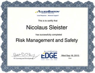 Wed Sep 18, 2013
Risk Management and Safety
Nicolaus Sleister
 