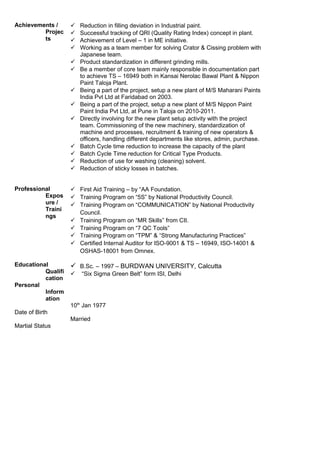Achievements /
Projec
ts
 Reduction in filling deviation in Industrial paint.
 Successful tracking of QRI (Quality Rating Index) concept in plant.
 Achievement of Level – 1 in ME initiative.
 Working as a team member for solving Crator & Cissing problem with
Japanese team.
 Product standardization in different grinding mills.
 Be a member of core team mainly responsible in documentation part
to achieve TS – 16949 both in Kansai Nerolac Bawal Plant & Nippon
Paint Taloja Plant.
 Being a part of the project, setup a new plant of M/S Maharani Paints
India Pvt Ltd at Faridabad on 2003.
 Being a part of the project, setup a new plant of M/S Nippon Paint
Paint India Pvt Ltd, at Pune in Taloja on 2010-2011.
 Directly involving for the new plant setup activity with the project
team. Commissioning of the new machinery, standardization of
machine and processes, recruitment & training of new operators &
officers, handling different departments like stores, admin, purchase.
 Batch Cycle time reduction to increase the capacity of the plant
 Batch Cycle Time reduction for Critical Type Products.
 Reduction of use for washing (cleaning) solvent.
 Reduction of sticky losses in batches.
Professional
Expos
ure /
Traini
ngs
 First Aid Training – by “AA Foundation.
 Training Program on “5S” by National Productivity Council.
 Training Program on “COMMUNICATION” by National Productivity
Council.
 Training Program on “MR Skills” from CII.
 Training Program on “7 QC Tools”
 Training Program on “TPM” & “Strong Manufacturing Practices”
 Certified Internal Auditor for ISO-9001 & TS – 16949, ISO-14001 &
OSHAS-18001 from Omnex.
Educational
Qualifi
cation
 B.Sc. – 1997 – BURDWAN UNIVERSITY, Calcutta
 “Six Sigma Green Belt” form ISI, Delhi
Personal
Inform
ation
Date of Birth
Martial Status
10th
Jan 1977
Married
 