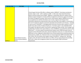 CSS SOLUTIONS
CSS SOLUTION FEATURES BENEFITS
EMRPath
Every Physician Can be a
Patient-Centered Medical
Home
Clinical Support Services (CSS) offers a software system, EMRPath™, that allows any physician
practice, large or small -- with or without an EMR -- to take major steps toward becoming a
patient-centered medical home (PCMH). EMRPath is a web-based, electronic medical record
software program designed to include workflow management and decision support functionality
for disease management purposes. Built around a robust patient registry, EMRPath has an easy-
to-use graphical user interface that allows users to enter, organize and manage clinical
information obtained from administrative claims and clinical data. Each program is constructed in
the S-O-A-P (subjective-objective-assessment-plan) Note format familiar to all clinicians. Included
in each account is AlertPath™, a messaging system that alerts clinicians when a patient’s current
health status falls outside of evidence-based care. A reminder system is also embedded within
the program that tags each patient record with an appropriate follow-up date. Case managers are
notified daily of patients who require follow-up. Users of EMRPath can provide their patients with
PMR Smart™ – an online, patient-oriented personal medical record. PMR Smart gives access to
objective clinical information (lab values, personal medication record, etc.) in a read-only format.
PMR Smart can be configured to allow patient entry of home-based clinical monitoring values (i.e.
blood pressure, weight, etc.). Physicians who are not yet prepared for EMR functionality within
their offices, CSS can provide clinical support using its VirtualClinic™ software tool. By faxing
progress notes, lab reports and other data to our offices, CSS can assist physicians by providing
them with a robust case management system that meets specific PCMH certification
requirements.
CSS SOLUTIONS Page 6 of 7
 