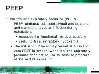 PEEP
15
• Positive end-expiratory pressure (PEEP)
- PEEP reinflates collapsed alveoli and supports
and maintains alveolar inflation during
exhalation.
• increases the functional residual capacity
• useful to treat refractory hypoxemia.
- The initial PEEP level may be set at 5 cm H20
- Auto-PEEP is present when the end-expiratory
pressure does not return to baseline pressure
at the end of expiration.
 