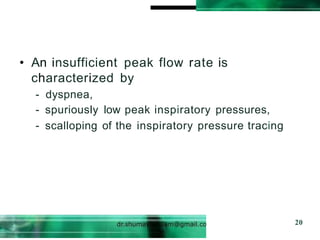 • An insufficient peak flow rate is
characterized by
- dyspnea,
- spuriously low peak inspiratory pressures,
- scalloping of the inspiratory pressure tracing
20
 