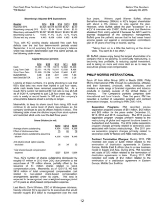 Can Cash Flow Continue To Support Soaring Share Repurchases? Behind The Numbers
Will Becker January 30, 2015
12
Bloomberg’s Adjusted EPS Expectations
Quarter 9/14 6/14 3/14 12/13 9/13
Reported EPS $0.525 $0.618 $0.408 $0.421 $0.50
Bloomberg comp adj EPS $0.53 $0.64 $0.44 $0.46 $0.53
Bloomberg estimated EPS $0.527 $0.633 $0.441 $0.463 $0.533
Bloomberg surprise % +0.6% +1.1% -0.2% -0.7% +0.2%
Diluted wtd avg shares 4,445 4,454 4,464 4,482 4,498
Thus, with KO posting steady adjusted free cash flow
deficits over the last four twelve-month periods ended
September, it is not surprising that the company’s balance
sheet has steadily deteriorated over this same period, as
the following table shows:
Capital Structure (in $mil)
9/14 9/13 9/12 9/11 9/10
Cash 11,084 11,118 9,615 12,682 10,509
Long Term Debt 20,111 14,173 16,181 13,708 4,456
Short Term Debt 21,699 22,034 16,549 15,480 8,937
Debt/EBITDA 3.38 2.95 2.61 2.58 1.30
Net Debt/EBITDA 2.48 2.05 1.84 1.46 0.28
Looking at these numbers, it is pretty shocking to see that
KO’s total debt has more than tripled in just four years,
while cash levels have remained essentially flat. As a
result, KO’s current net debt-to-EBITDA ratio is now at 2.48
as of 9/26/14, compared to just 0.28 four years ago. This
ratio is easily at record levels for KO and the company’s
once-pristine balance sheet is simply no longer.
Meanwhile, to keep its share count from rising, KO must
continue to do some level of share repurchases as the
company continues to pay its officers heavily in stock. The
following table shows the dilutive impact from stock options
and restricted stock units over the last three years:
Share Dilution (in mil)
12/13 12/12 12/11
Average shares outstanding 4,434 4,504 4,568
Effect of dilutive securities 75 80 78
Average shares outstanding assuming
dilution 4,509 4,584 4,646
Anti-dilutive stock option awards,
excluded 28 34 32
Total shared-based compensation
expense $227 $259 $354
Thus, KO’s number of shares outstanding decreased by
roughly 67 million in 2013 from 2012 due primarily to the
repurchase of 121 million shares, partially offset by the
issuance of 54 million shares related to stock
compensation plans. Meanwhile, as of 12/31/13, KO had
$416 million of total unrecognized compensation cost
related to non-vested share-based compensation
arrangements granted under its plans. This cost is
expected to be recognized over a weighted-average period
of 1.8 years as stock-based compensation expense.
Last March, David Winters, CEO of Wintergreen Advisors,
heavily criticized KO’s pay plan for its executives that would
transfer roughly $13 billion to management over the next
four years. Winters urged Warren Buffett, whose
Berkshire-Hathaway (BRK/A) is KO’s largest shareholder
with about a 9% interest, to vote against the plan.
However, while Buffett called the plan “excessive” in a
4/23/14 interview with CNBC, Buffet noted that Berkshire
abstained from voting against it because he didn’t want to
express disapproval of the company’s management.
Buffett gave the pathetic excuse that he had never heard
anyone speak out against a compensation committee’s
plan in 55 years of serving on boards, saying,
“Taking them on is a little like belching at the dinner
table. You can’t do it too often.”
Mr. Buffett, please enjoy being the largest shareholder of a
company that is not growing, is continually restructuring, is
becoming less profitable, is reducing capital investment,
and is taking on more and more debt so as to keep its
executives grossly over-compensated.
PHILIP MORRIS INTERNATIONAL
Spun off from Altria Group (MO) in March 2008, Philip
Morris International (PM), through its subsidiaries, affiliates
and their licensees, produces, sells, distributes, and
markets a wide range of branded cigarettes and tobacco
products in markets outside of the United States of
America. The Company's portfolio comprises both
international and local brands. Over the years, PM has
recorded a number of separation program and contract
termination charges. According to PM’s 2013 10-K,
Separation Programs: PMI recorded pre-tax
separation program charges of $51 million, $42 million
and $63 million for the years ended December 31,
2013, 2012 and 2011, respectively. The 2013 pre-tax
separation program charges primarily related to the
restructuring of global and regional functions based in
Switzerland and Australia. The 2012 pretax separation
program charges primarily related to severance costs
associated with factory restructurings. The 2011 pre-
tax separation program charges primarily related to
severance costs for factory and R&D restructurings.
Contract Termination Charges: During 2013, PMI
recorded exit costs of $258 million related to the
termination of distribution agreements in Eastern
Europe, Middle East & Africa (due to a new business
model in Egypt) and Asia. During 2012, PMI recorded
exit costs of $13 million related to the termination of
distribution agreements in Asia. During 2011, PMI
recorded exit costs of $12 million related to the
termination of a distribution agreement in Eastern
Europe, Middle East & Africa.
 