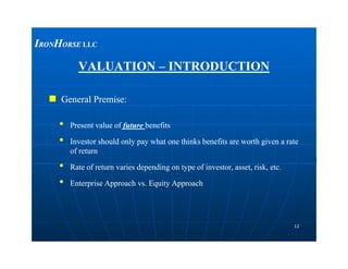 VALUATIONVALUATION –– INTRODUCTIONINTRODUCTION
 General Premise:General Premise:
•• Present value ofPresent value of futurefuture benefitsbenefits
••
IIRONRONHHORSEORSE LLCLLC
1212
•• Investor should only pay what one thinks benefits are worth given a rateInvestor should only pay what one thinks benefits are worth given a rate
of returnof return
•• Rate of return varies depending on type of investor, asset, risk, etc.Rate of return varies depending on type of investor, asset, risk, etc.
•• Enterprise Approach vs. Equity ApproachEnterprise Approach vs. Equity Approach
 