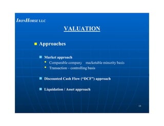 VALUATIONVALUATION
 ApproachesApproaches
 Market approachMarket approach
•• Comparable companyComparable company –– marketable minority basismarketable minority basis
IIRONRONHHORSEORSE LLCLLC
1515
•• Comparable companyComparable company –– marketable minority basismarketable minority basis
•• TransactionTransaction –– controlling basiscontrolling basis
 Discounted Cash Flow (“DCF”) approachDiscounted Cash Flow (“DCF”) approach
 Liquidation / Asset approachLiquidation / Asset approach
 