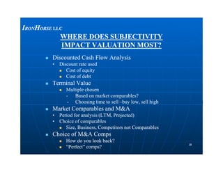 WHERE DOES SUBJECTIVITYWHERE DOES SUBJECTIVITY
IMPACT VALUATION MOST?IMPACT VALUATION MOST?
 Discounted Cash Flow AnalysisDiscounted Cash Flow Analysis
•• Discount rate usedDiscount rate used
 Cost of equityCost of equity
 Cost of debtCost of debt
 Terminal ValueTerminal Value
IIRONRONHHORSEORSE LLCLLC
1818
Terminal ValueTerminal Value
 Multiple chosenMultiple chosen
-- Based on market comparables?Based on market comparables?
-- Choosing time to sellChoosing time to sell ––buy low, sell highbuy low, sell high
 Market Comparables and M&AMarket Comparables and M&A
•• Period for analysis (LTM, Projected)Period for analysis (LTM, Projected)
•• Choice of comparablesChoice of comparables
 Size, Business, Competitors not ComparablesSize, Business, Competitors not Comparables
 Choice of M&A CompsChoice of M&A Comps
 How do you look back?How do you look back?
 “Perfect” comps?“Perfect” comps?
 