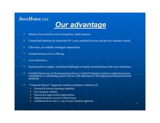 IIRONRONHHORSEORSE LLCLLC
Our advantageOur advantage
 Industry focusIndustry focus--intuitive issue recognition, rapid response.intuitive issue recognition, rapid response.
 Unmatched chemistry & teamworkUnmatched chemistry & teamwork--30+ years combined success and proven, dramatic results.30+ years combined success and proven, dramatic results.
 UltraUltra--lean, yet scalable contingent organization.lean, yet scalable contingent organization.
 Complementary service offering.Complementary service offering.
 Local alternative.Local alternative.
77
 Local alternative.Local alternative.
 Experienced in complex, emotional challenges of familyExperienced in complex, emotional challenges of family--owned business lifeowned business life--cycle transitions.cycle transitions.
 Certified Insolvency & Restructuring Advisor, Certified Valuation Analyst credentials ensuresCertified Insolvency & Restructuring Advisor, Certified Valuation Analyst credentials ensures
commitment to outstanding quality service with adherence to the highest possible professionalcommitment to outstanding quality service with adherence to the highest possible professional
standards.standards.
 “ Financial literacy” diagnostic model accelerates evaluation of:“ Financial literacy” diagnostic model accelerates evaluation of:
 External & internal reporting capabilityExternal & internal reporting capability
 Core business viabilityCore business viability
 Operational improvement opportunities.Operational improvement opportunities.
 Organizational & executive effectivenessOrganizational & executive effectiveness
 Likelihood of inLikelihood of in--court, vs. out of court solutions approachcourt, vs. out of court solutions approach
 