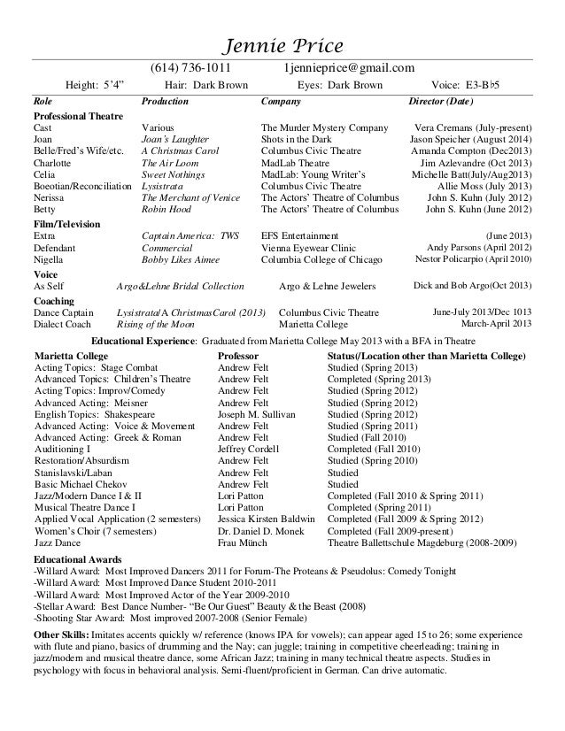 College admission technical theatre resume