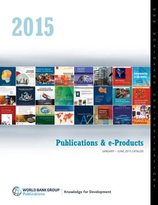 InternationalDEBTStatistics2015
2015
International Debt Statistics 2015 is a continuation
of the World Bank’s Global Development Finance,
Volume II (1997 through 2009) and the earlier
World DebtTables (1973 through 1996).This year’s
edition of International Debt Statistics is designed to
respond to user demand for timely, comprehensive
data on trends in external debt in developing
countries.As in previous years, International Debt
Statistics provides statistical tables showing the
external debt of 124 developing countries that
report public and publicly guaranteed external
debt to theWorld Bank’s Debtor Reporting
System (DRS). In addition, this report showcases
the broader spectrum of debt data collected and
compiled by theWorld Bank.These include the
high-frequency, quarterly data for high-income
and select developing countries reporting to the
jointWorld Bank-IMF Quarterly External Debt
Statistics (QEDS) and the Public Sector Debt
(PSD) database launched in 2010.
Presentation and access to data have been
refined to improve the user experience.This
print version of International Debt Statistics now
provides a summary overview and a select set of
indicators, while an expanded dataset is available
online (datatopics.worldbank.org/debt/ids).
The tables presented in International Debt
Statistics 2015 cover external debt stocks and
flows, major economic aggregates, key debt
ratios, and the currency composition of
long-term debt.The text also includes such
information as country notes, definitions, and
data sources for each table.An expanded version
of the tables is available online; it features
longer time series and more detailed data for
more than 100 time series indicators, as well
as pipeline data for scheduled debt service
payments on existing commitments to 2021.
International
DEBT
Statistics
ISBN: 978-1-4648-0413-7
SKU 210413
International Debt Statistics 2015 is unique in its coverage of the important trends and issues fundamental
to the financing of the developing world.This report is an indispensible resource for governments,
economists, investors, financial consultants, academics, bankers, and the entire development community.
World Bank open databases are available through the World Bank’s website, www.worldbank.org. For
more information on World Bank publications, go to publications.worldbank.org/ecommerce.
IDS-2015_cvr-FINAL-PMS-PKG-CS6.indd 1 12/3/14 2:19 PM
2DISEASE CONTROL PRIORITIES • THIRD EDITIONDISEASE CONTROL PRIORITIES • THIRD EDITION
Reproductive, Maternal,
Newborn, and Child Health
EDITORS
Robert Black
Ramanan Laxminarayan
Marleen Temmerman
Neff Walker
WITH FOREWORD BY
Flavia Bustreo
w
w
w
.
w
o
r
l
d
b
a
n
k
.
o
r
g
/
p
u
b
l
i
c
a
t
i
o
n
s
2015
ations
Publications & e-Products
JANUARY - JUNE 2015 CATALOG
 