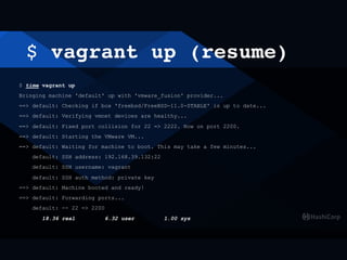 $ vagrant up (resume)
$ time vagrant up
Bringing machine 'default' up with 'vmware_fusion' provider...
==> default: Checking if box 'freebsd/FreeBSD-11.0-STABLE' is up to date...
==> default: Verifying vmnet devices are healthy...
==> default: Fixed port collision for 22 => 2222. Now on port 2200.
==> default: Starting the VMware VM...
==> default: Waiting for machine to boot. This may take a few minutes...
default: SSH address: 192.168.39.132:22
default: SSH username: vagrant
default: SSH auth method: private key
==> default: Machine booted and ready!
==> default: Forwarding ports...
default: -- 22 => 2200
18.36 real 6.32 user 1.00 sys
 